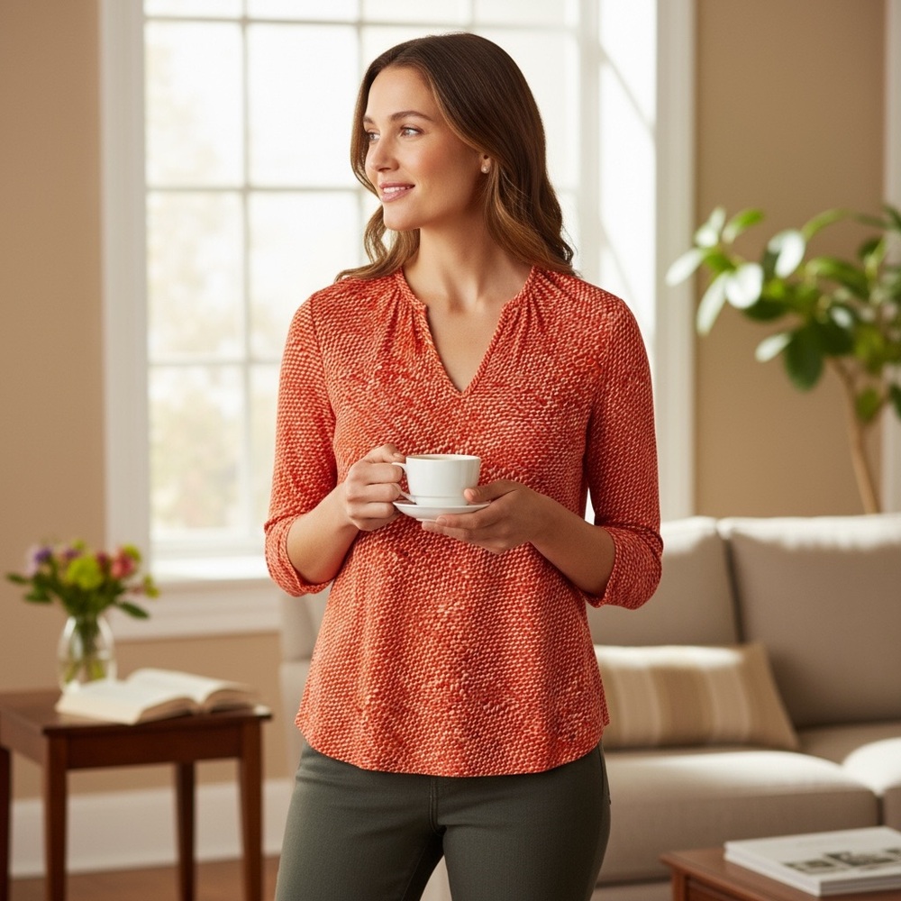 Dalia Women’s V-Neck Stretch Tunic Top Small Orange Red 3/4 Sleeve Summer - Picture 6 of 12